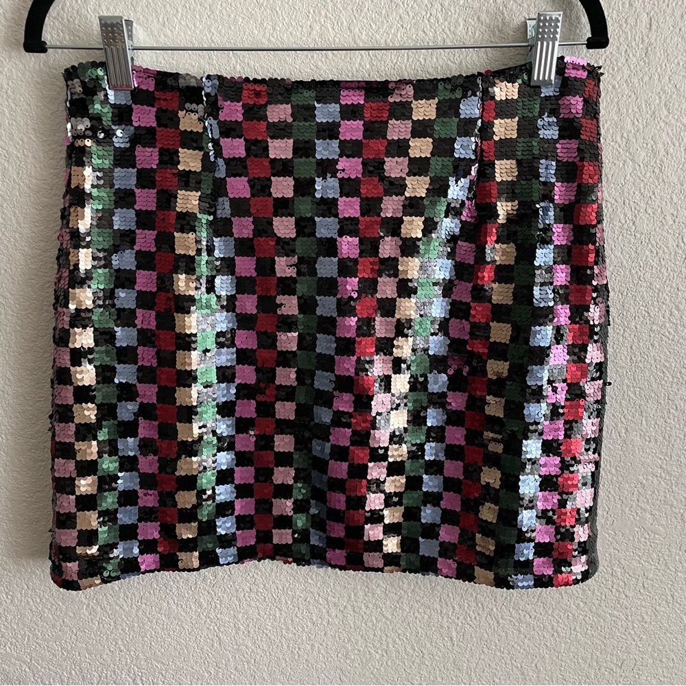 NWT Lulus Multicolor Checked Out Black Multi Checkered Sequin Mini Skirt Size L